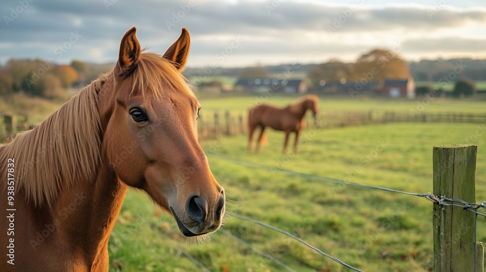 horses grazing on a pasture in the padlock uk farm houses in the background : Generative AI horses grazing on a pasture in the padlock uk farm houses in the background : Generative AI