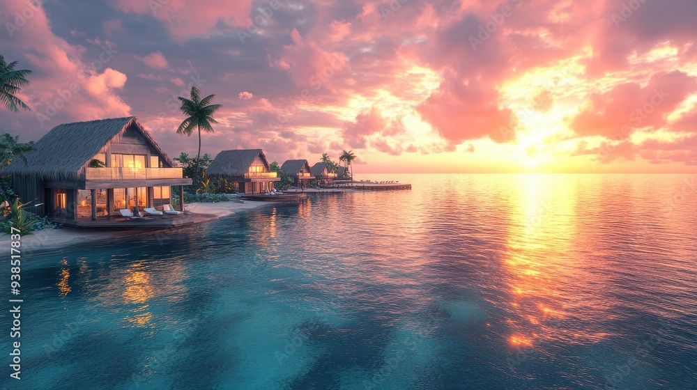 Tropical Sunset Over Water Villas in the Maldives Tropical Sunset Over Water Villas in the Maldives