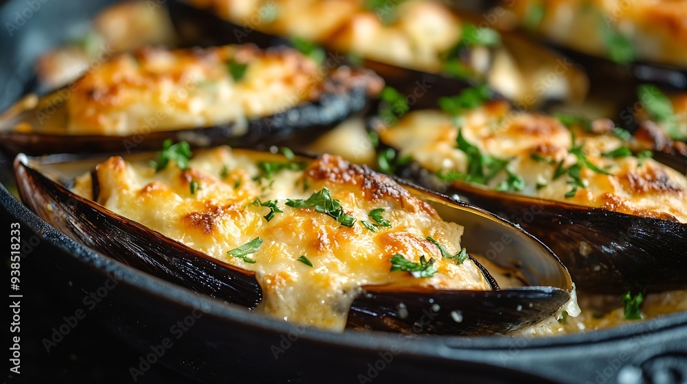 Fresh mussel baked with cheese : Generative AI