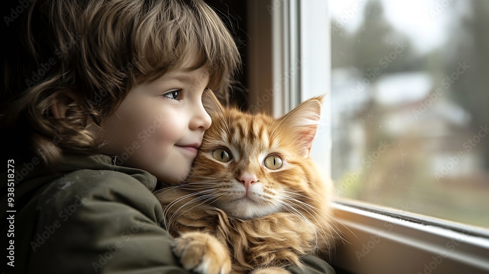 A child a boy plays with his favorite fluffy red cat by the window A child strokes a cat Attachment between children and pets The funny life of cats at home : Generative AI A child a boy plays with his favorite fluffy red cat by the window A child strokes a cat Attachment between children and pets The funny life of cats at home : Generative AI