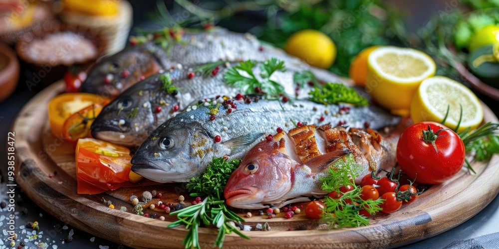 Herbed and Vegetable-Accented Fresh Seer Fish and Kingfish on a Wooden Platter with Selective Focus Herbed and Vegetable-Accented Fresh Seer Fish and Kingfish on a Wooden Platter with Selective Focus