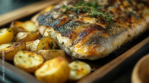 Grilled dorado with herbs on a platter and baked potatoestop veiwselective focus : Generative AI photo