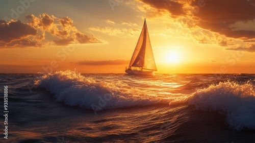 Fototapeta Naklejka Na Ścianę i Meble -  A sailboat is sailing in the ocean at sunset