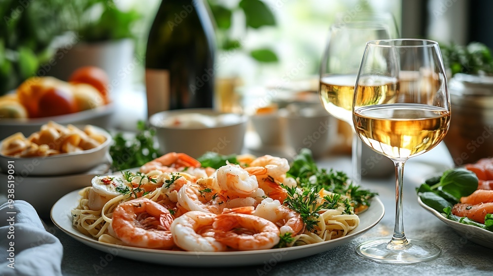 Served table with italian food seafood pasta salad and wine with window light : Generative AI Served table with italian food seafood pasta salad and wine with window light : Generative AI