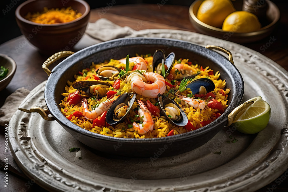 a sumptuously crafted paella, every grain of rice infused with vibrant flavours and colours, a feast for the senses a sumptuously crafted paella, every grain of rice infused with vibrant flavours and colours, a feast for the senses