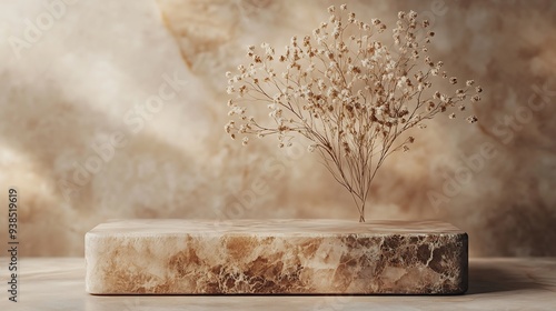 Luxury Brown stone marble pedestal Podium decoration with dried flower Over Beige Background elegant backdrop product showcases and sophisticated designs for Skin care and cosmetic Exh : Generative AI photo