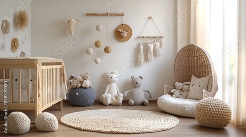 Stylish and cute scandinavian decor of newborn baby room with natural toys hanging decor balls macrame sofa plush animals and accessories Beige walls Interior design of kid room Home s : Generative AI photo