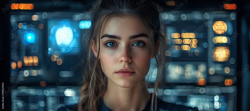 AI cyber security concept. Female IT Computer specialist analyzing artificial intelligence digital threats to consumer data & privacy breach. Software developer coding & ethical hacking in dark office AI cyber security concept. Female IT Computer specialist analyzing artificial intelligence digital threats to consumer data & privacy breach. Software developer coding & ethical hacking in dark office