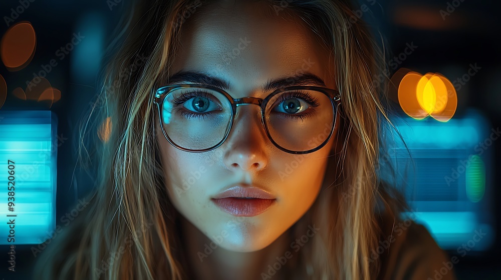 AI cyber security concept. Female IT Computer specialist analyzing artificial intelligence digital threats to consumer data & privacy breach. Software developer coding & ethical hacking in dark office AI cyber security concept. Female IT Computer specialist analyzing artificial intelligence digital threats to consumer data & privacy breach. Software developer coding & ethical hacking in dark office