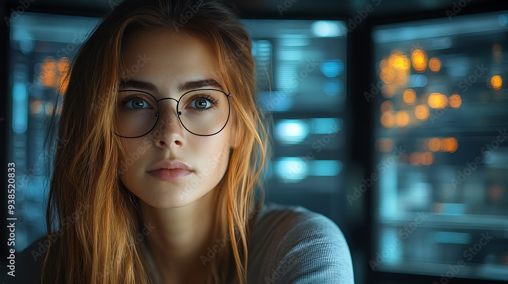 AI cyber security concept. Female IT Computer specialist analyzing artificial intelligence digital threats to consumer data & privacy breach. Software developer coding & ethical hacking in dark office AI cyber security concept. Female IT Computer specialist analyzing artificial intelligence digital threats to consumer data & privacy breach. Software developer coding & ethical hacking in dark office