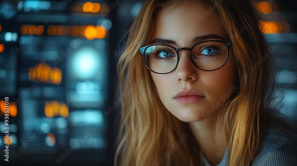 AI cyber security concept. Female IT Computer specialist analyzing artificial intelligence digital threats to consumer data & privacy breach. Software developer coding & ethical hacking in dark office AI cyber security concept. Female IT Computer specialist analyzing artificial intelligence digital threats to consumer data & privacy breach. Software developer coding & ethical hacking in dark office