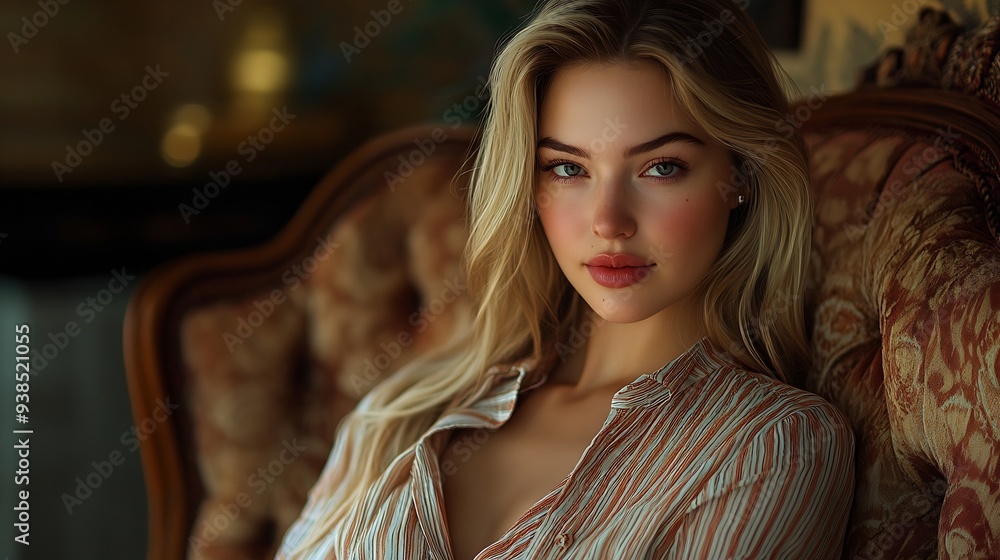 Beautiful slender fairhaired woman in fashionable clothes Woman posing in luxury home interiors Advertising of fashionable clothes Interior Design : Generative AI Beautiful slender fairhaired woman in fashionable clothes Woman posing in luxury home interiors Advertising of fashionable clothes Interior Design : Generative AI