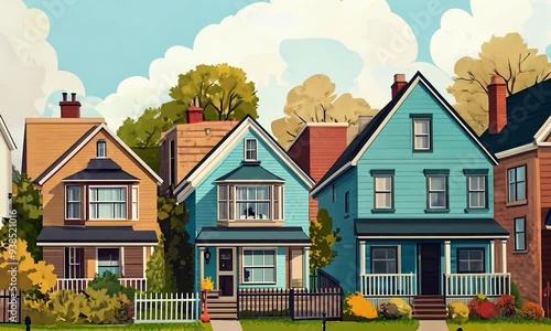 2D cartoon style depiction of vintage houses within an urban landscape or panoramic view