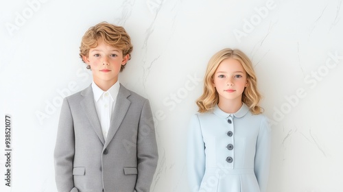 Elegant Portrait of a Young Boy and Girl in Formal Attire Against a White Marble Background, Capturing Timeless Style and Grace