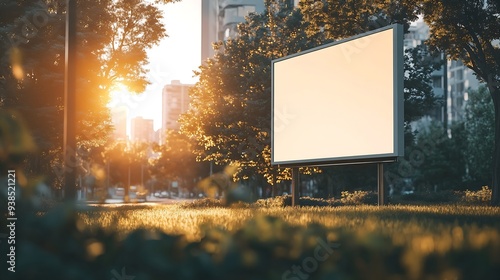 White blank vertical billboard in the city City park empty highway lawn Mockup : Generative AI photo