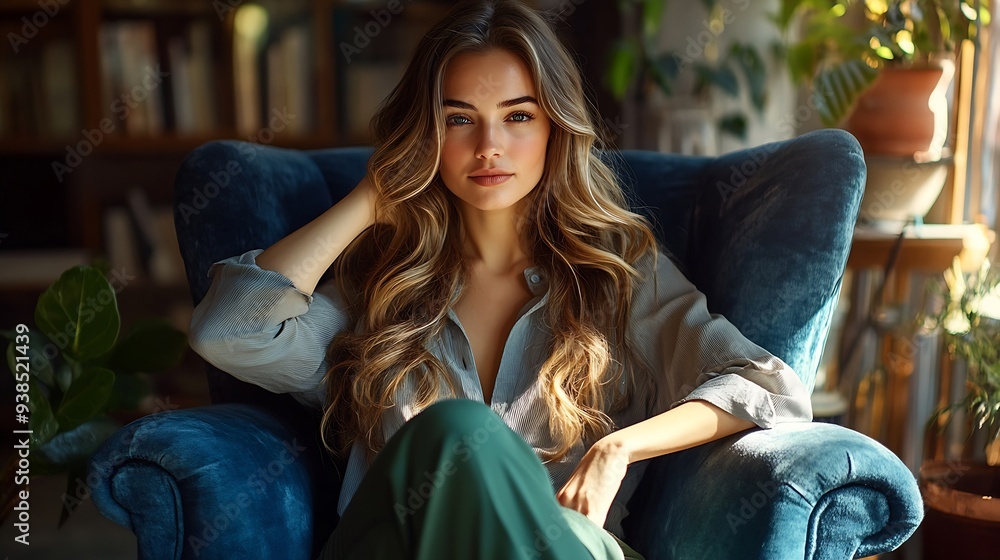Green Home relaxed stylish woman with long wavy hair at modern home in sunny day in green pants and grey blouse sitting in a blue armchair : Generative AI Green Home relaxed stylish woman with long wavy hair at modern home in sunny day in green pants and grey blouse sitting in a blue armchair : Generative AI