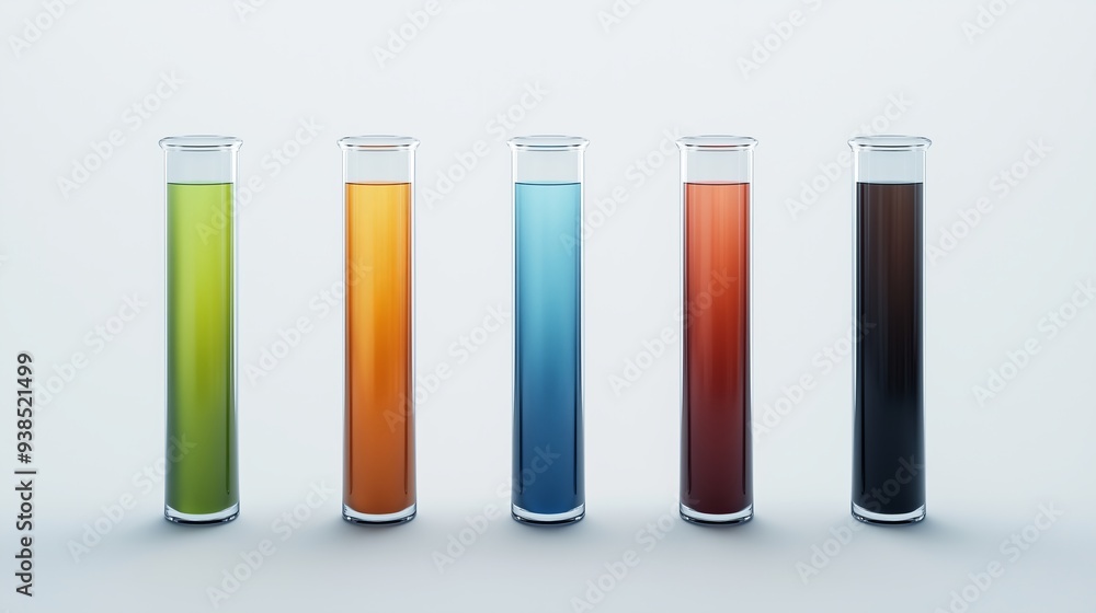 Set of five laboratory test tubes filled with colorful liquids in a gradient, representing scientific experimentation and chemistry on a white background Set of five laboratory test tubes filled with colorful liquids in a gradient, representing scientific experimentation and chemistry on a white background