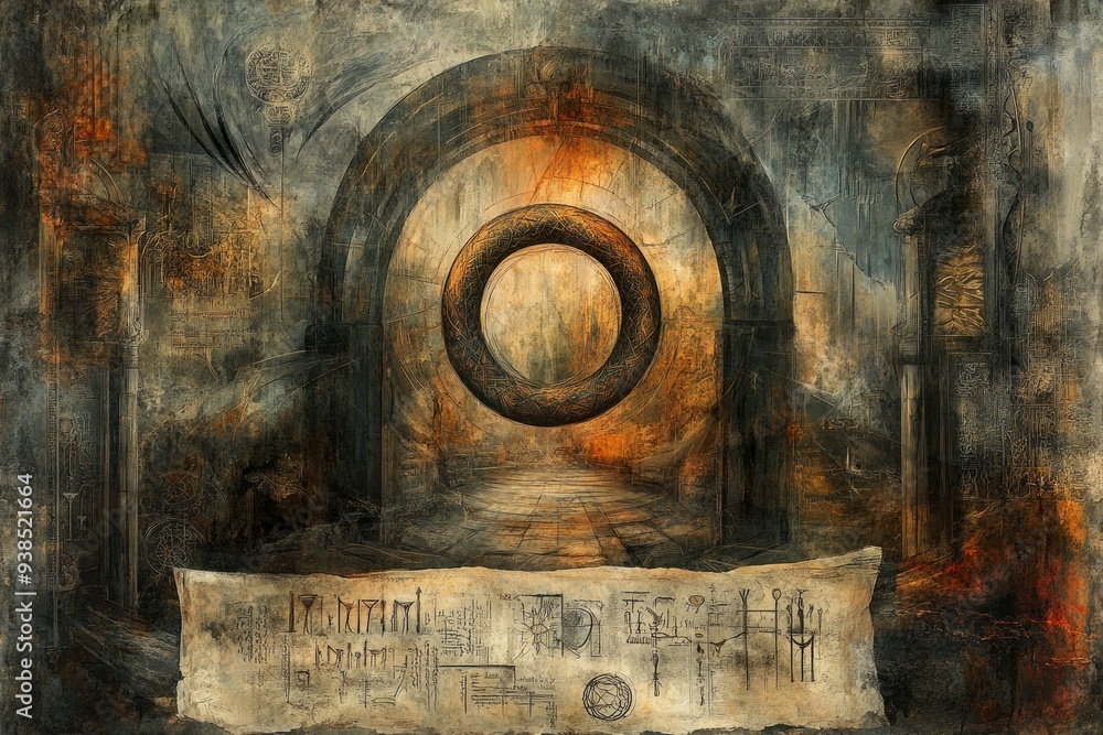 Fototapeta premium Ouroboros Ancient Scroll Various Gnosticism, Alchemy Religion Spiritual Symbol