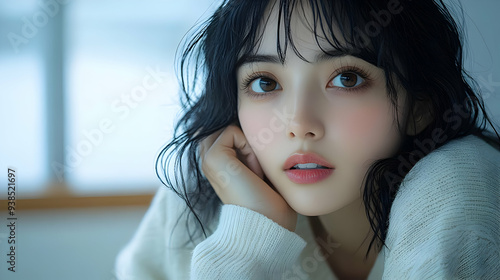 A young woman with black hair looks thoughtfully into the camera, her hand resting on her chin. photo