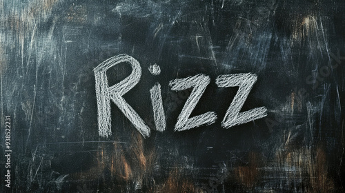 Rizz written in chalkboard letters on a blackboard, meme for charisma  photo