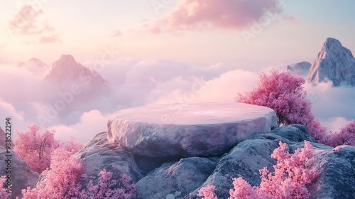 Stone podium outdoors on sky pink pastel soft cloud with misty mountain nature landscape backgroundBeauty cosmetic product placement pedestal present minimal displaysummer paradise dre : Generative AI photo