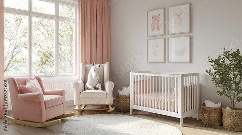 Bright scandinavian baby room with rocking horse white nursery and pink armchairs posters on the wall : Generative AI