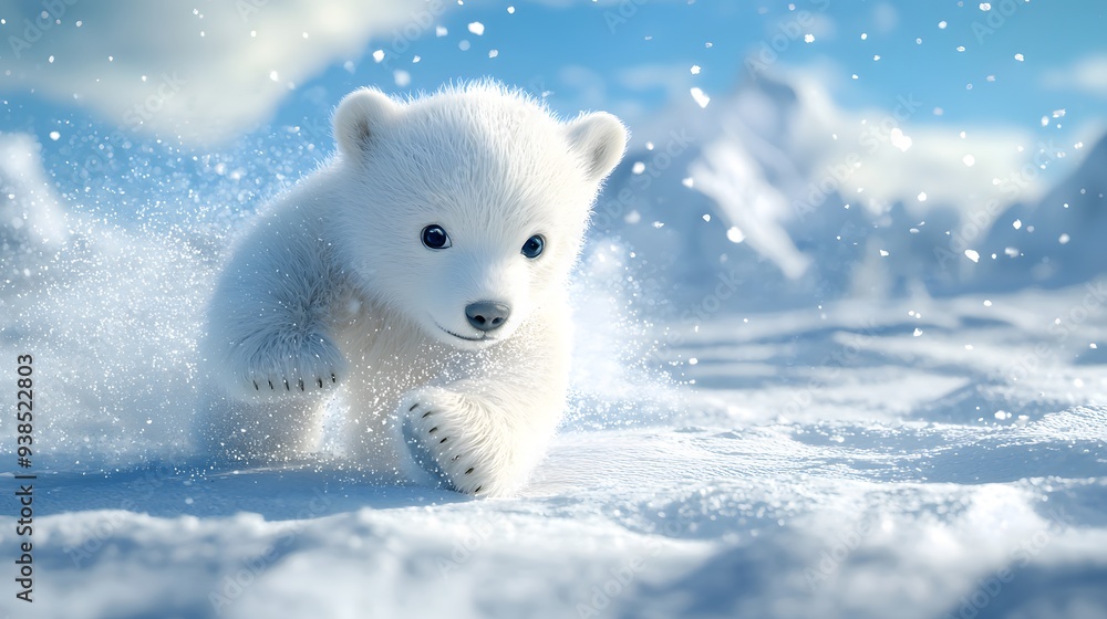 Cute Polar Bear Cub Running in Snow. Cute Polar Bear Cub Running in Snow.