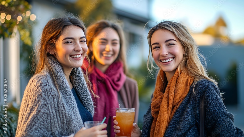 Obraz premium Friends together and walking with blue sky and drinks for wellness outdoor with happiness for freedom Women laugh and smile in neighborhood with discussion on equality rights and oppor : Generative AI