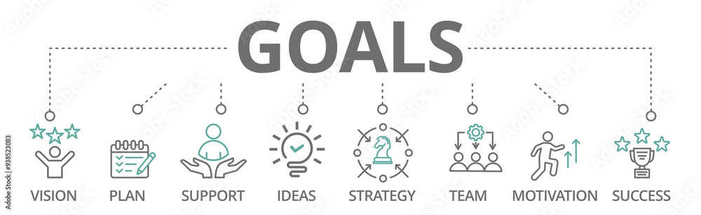 Goals banner icon, vision, plan, support, ideas, strategy, team, motivation and success vector illustration concept Goals banner icon, vision, plan, support, ideas, strategy, team, motivation and success vector illustration concept