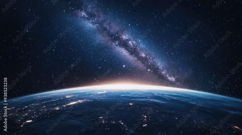 A breathtaking night sky filled with stars, with a glimpse of the Milky Way galaxy arching over Earth A breathtaking night sky filled with stars, with a glimpse of the Milky Way galaxy arching over Earth