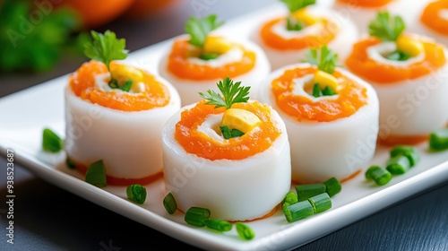 Delicious Egg Rolls with Orange and Green Garnish