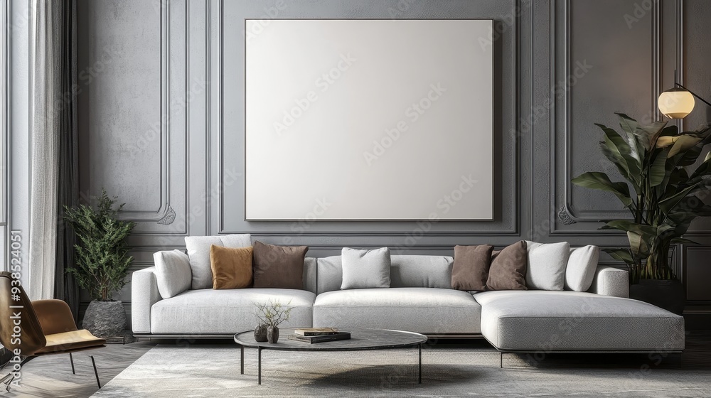 A large white wall with a black frame and a white couch in the foreground A large white wall with a black frame and a white couch in the foreground