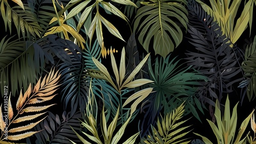 Floral leaves seamless pattern. Foliage garden background. Floral ornamenal tropical nature summer palm leaves decorative retro style wallpaper Generative AI