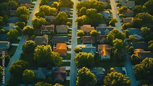 Straight aerial view suburban houses with parallel residential streets and backalley suburbs Dallas Fort Worth metro complex medium density subdivision large lots size warm light aeria : Generative AI photo