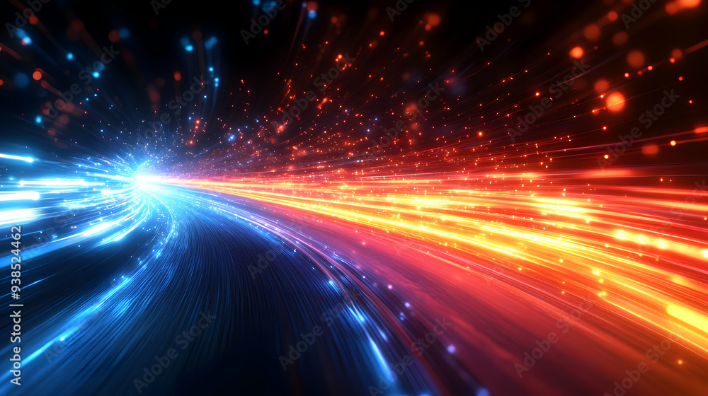 Abstract glowing lines forming a curved tunnel with blue and orange lights. Abstract glowing lines forming a curved tunnel with blue and orange lights.