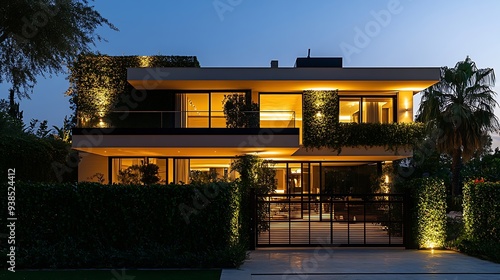 Sotogrande Spain  January 23 2024  A modern house at night illuminated by exterior lights with a black gate and lush green hedge : Generative AI photo