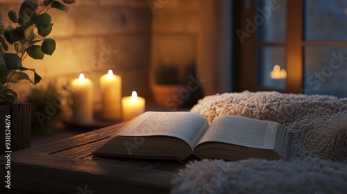 A cozy reading nook with an open book on a wooden table, soft lighting enhancing the mood