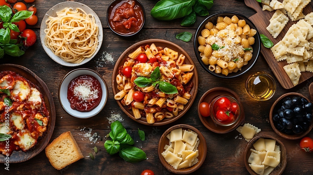 Pasta various dishes overhead flat lay shot Italian food and wine : Generative AI Pasta various dishes overhead flat lay shot Italian food and wine : Generative AI