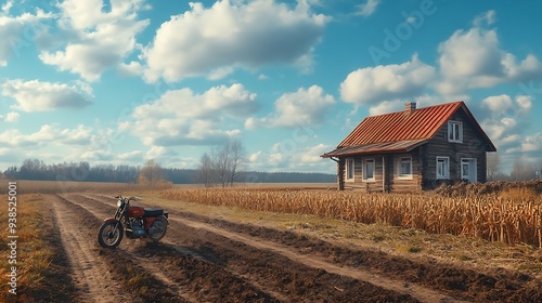 A rural house and a plot of land near the house plowed by a motor cultivator The concept of a dacha a private house growing vegetables for your own needs A man with a motorcycle cultiv : Generative AI photo