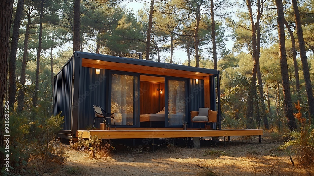 Fototapeta premium Prefabricated mobile modular container house in forest camping with porch Temporary house in nature forest rest : Generative AI