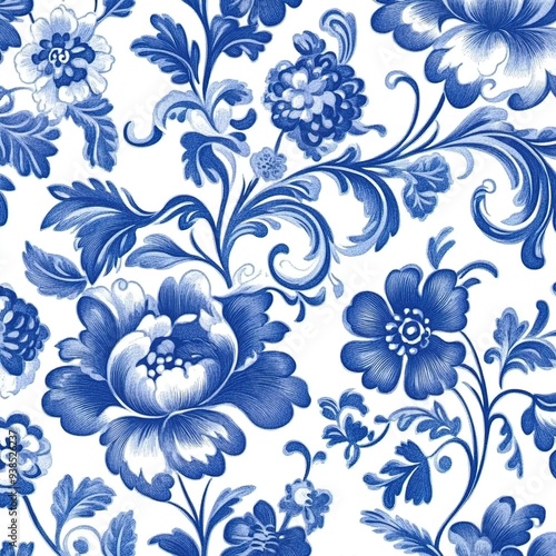Blue and white porcelain pattern, featuring floral and leaf motifs ，A traditional hand-painted seamless pattern featuring the classic Dutch Delft blue and white color scheme.