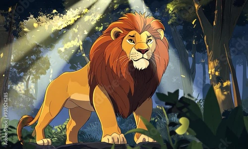 2D cartoon style illustration featuring a majestic lion in a forest setting