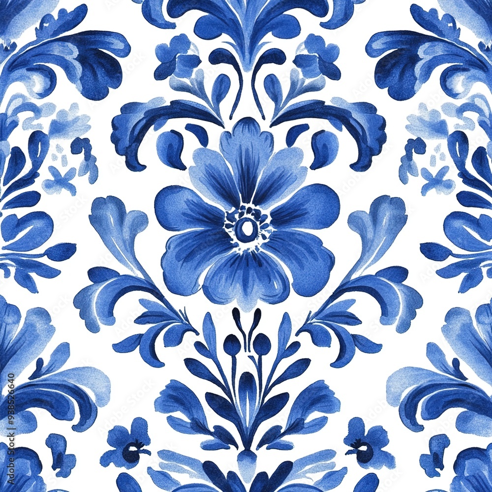 Blue and white porcelain pattern, featuring floral and leaf motifs ,A traditional hand-painted seamless pattern featuring the classic Dutch Delft blue and white color scheme. Blue and white porcelain pattern, featuring floral and leaf motifs ,A traditional hand-painted seamless pattern featuring the classic Dutch Delft blue and white color scheme.