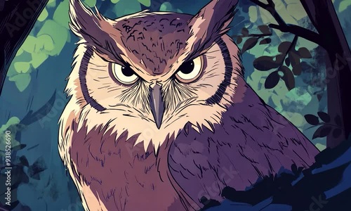 2D cartoon style illustration featuring an owl with keen eyes focused on capturing its prey