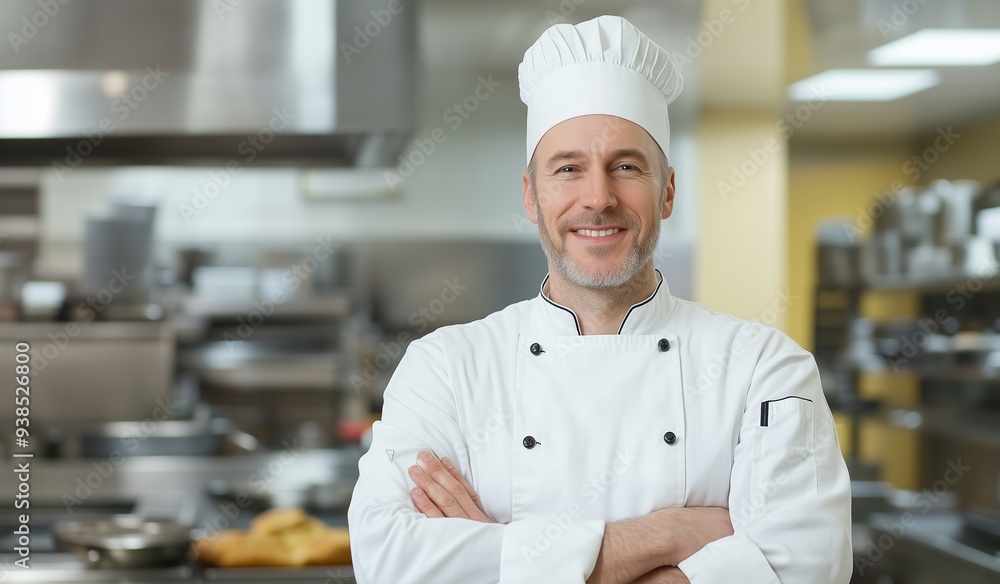 Smiling chef in a white uniform standing in a sleek kitchen environment. Perfect for culinary-themed projects. Smiling chef in a white uniform standing in a sleek kitchen environment. Perfect for culinary-themed projects.