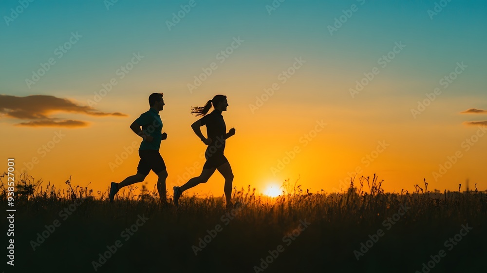 Silhouette of Caucasian couple running at dawn
Silhouette of Caucasian couple running at dawn