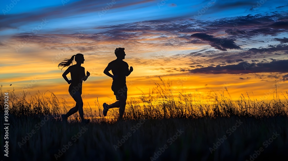 Silhouette of Caucasian couple running at dawn
Silhouette of Caucasian couple running at dawn