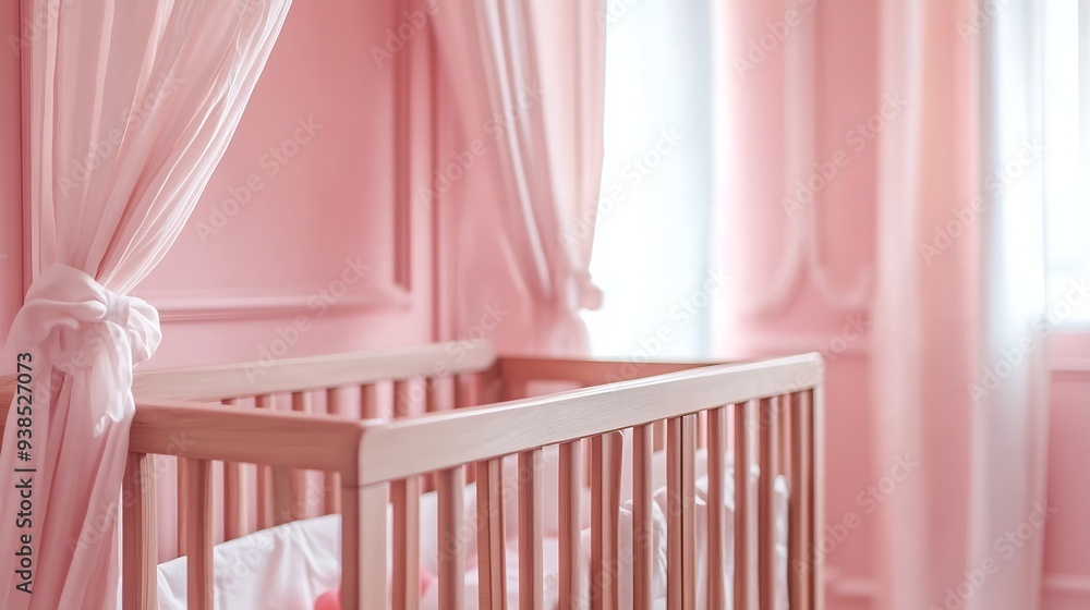 Baby in the wooden cradle and crib style modern room and toy in the pink wall : Generative AI Baby in the wooden cradle and crib style modern room and toy in the pink wall : Generative AI