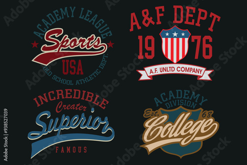 Sport wear typography emblem collection, T-shirt stamp graphic set, skate vintage tee print, athletic apparel design graphic print. Vintage Print for sportswear apparel, Athletic sport labels typograp