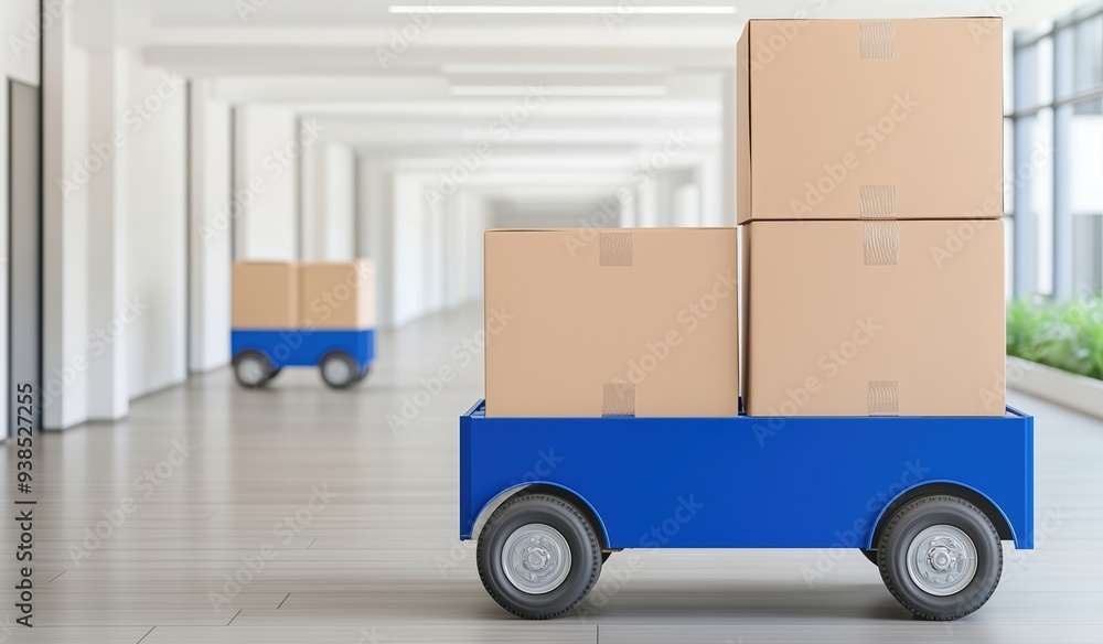 A blue cart stacked with cardboard boxes in a bright, modern warehouse. Perfect for logistics and shipping themes. A blue cart stacked with cardboard boxes in a bright, modern warehouse. Perfect for logistics and shipping themes.